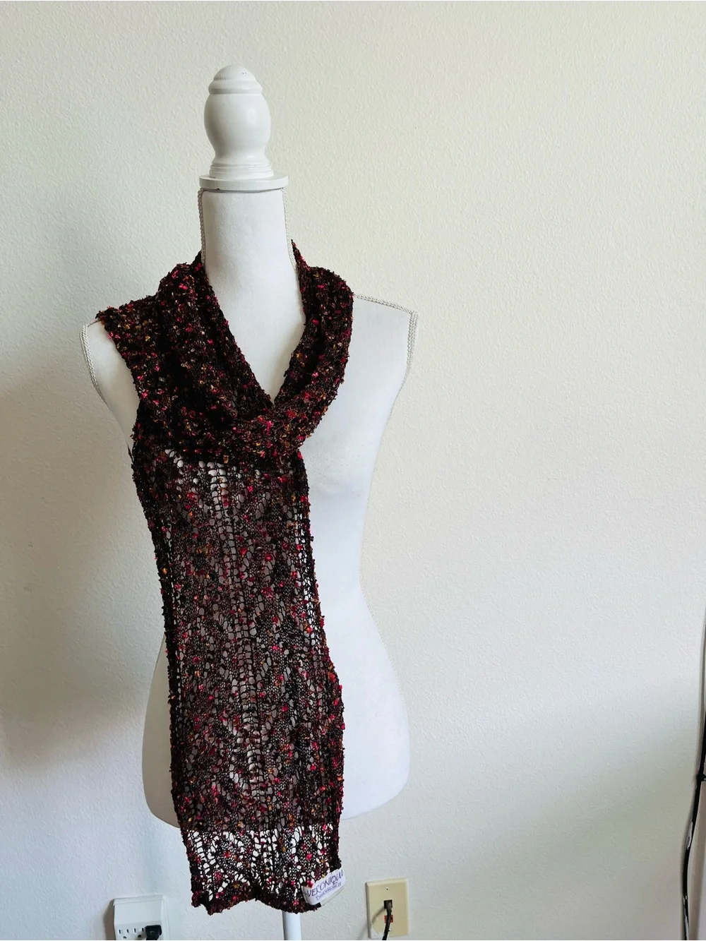 Handcrafted Open-Weave Black and Red Scarf from Ireland 8/62 inches